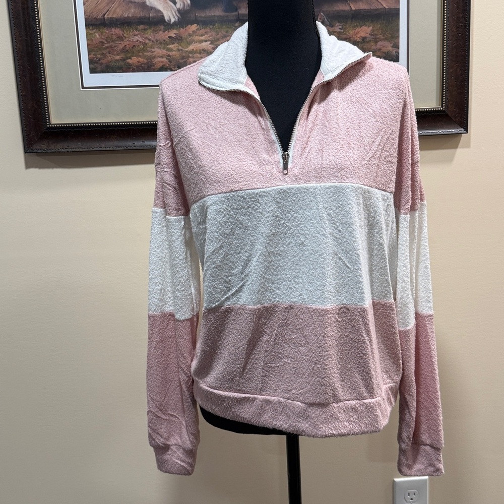 Double Zero Super Soft Pink and White 1/4 Zip Sweater
